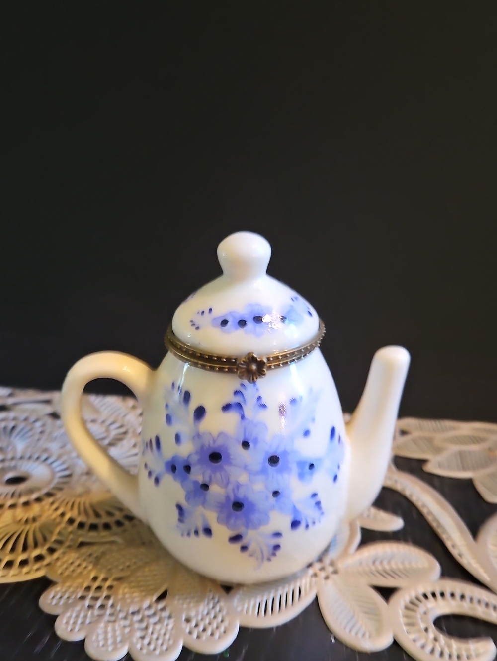 Blue Floral Porcelain Teapot Trinket Box